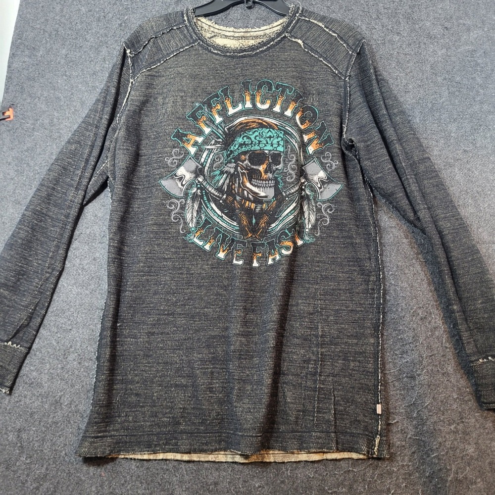 Affliction Live Fast Reversible Thermal Shirt Mens XL Skull Eagle Graphic Grey